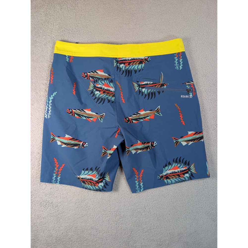 Roark Passage Series Board Shorts Mens 34 Blue Yellow Fish Trout Print - Picture 7 of 8